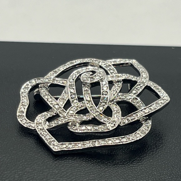 Sterling silver diamond rose flower brooch pin - Picture 3 of 14